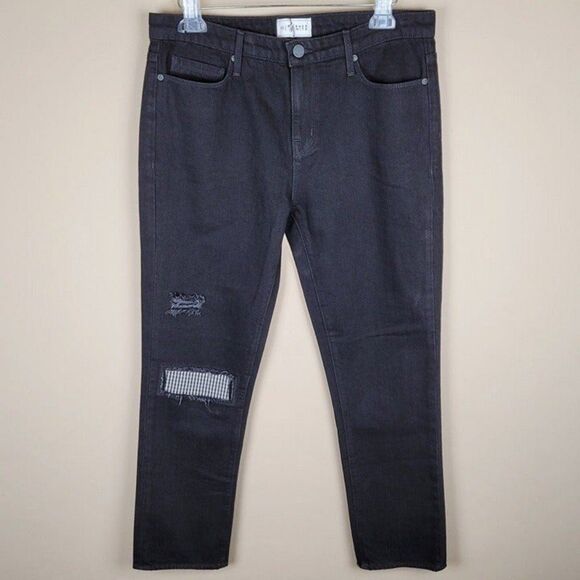 Parker Smith Black Straight Leg Crop Jeans Gingham Patch Black Size 29 - Picture 2 of 12